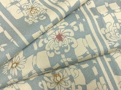 平和屋着物▽上質な小紋 単衣 市松花文 正絹 逸品 AAAZ9272fy