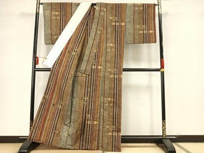 平和屋着物▽上質な紬　単衣　縞　正絹　逸品　AAAZ9274fy