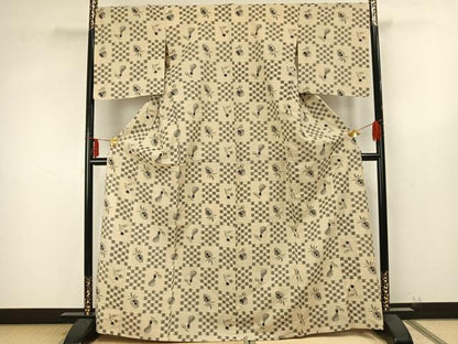 平和屋着物▽上質な紬 単衣 市松文様 正絹 逸品 AAAZ9292fy