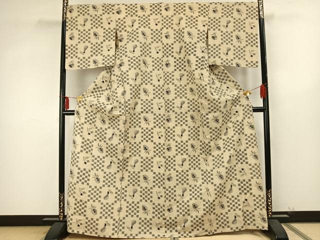 平和屋着物▽上質な紬 単衣 市松文様 正絹 逸品 AAAZ9292fy