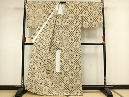 平和屋着物▽上質な紬 単衣 市松文様 正絹 逸品 AAAZ9292fy