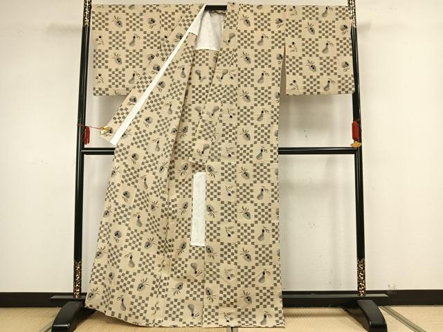 平和屋着物▽上質な紬 単衣 市松文様 正絹 逸品 AAAZ9292fy