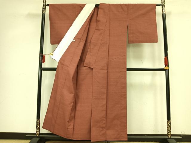 平和屋着物▽本場結城紬 重要無形文化財 単衣 色無地 真赭色 正絹 逸品 AAAZ9293fy