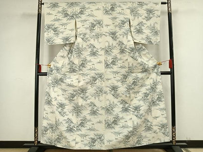 平和屋着物▽真綿結城紬　単衣　風景文　反端付き　正絹　逸品　未使用　AAAZ9297fy