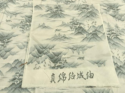 平和屋着物▽真綿結城紬　単衣　風景文　反端付き　正絹　逸品　未使用　AAAZ9297fy