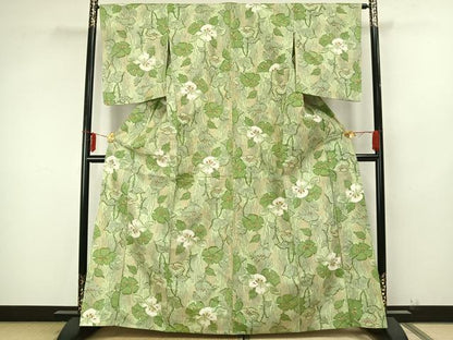 平和屋着物▽上質な紬 単衣 草花文 正絹 逸品 AAAZ9298fy