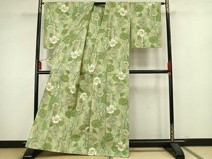 平和屋着物▽上質な紬 単衣 草花文 正絹 逸品 AAAZ9298fy