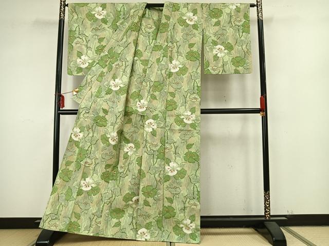 平和屋着物▽上質な紬 単衣 草花文 正絹 逸品 AAAZ9298fy