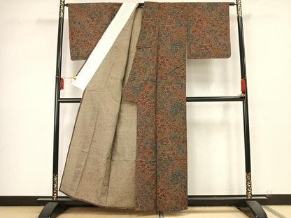 平和屋着物▽民芸結城紬 単衣 切嵌花文 証紙付き 正絹 逸品 未使用 AAAZ9309fy