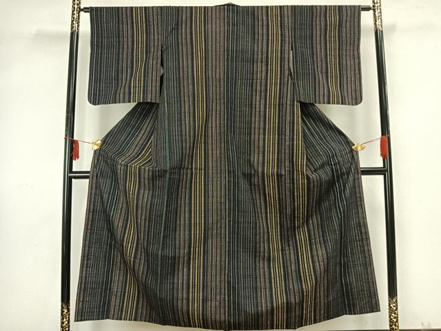 平和屋着物▽上質な紬　単衣　縞　正絹　逸品　AAAZ9310fy