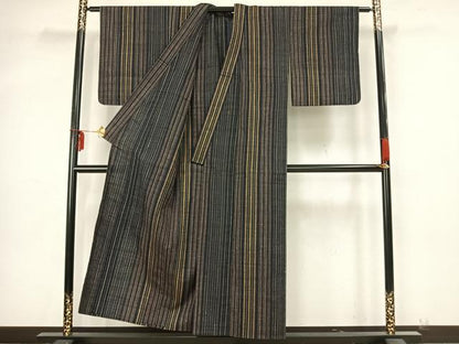 平和屋着物▽上質な紬　単衣　縞　正絹　逸品　AAAZ9310fy