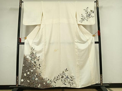 平和屋着物▽訪問着　単衣　草花文　銀彩　正絹　逸品　AAAZ9312fy