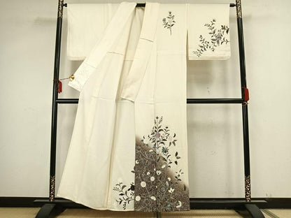 平和屋着物▽訪問着　単衣　草花文　銀彩　正絹　逸品　AAAZ9312fy