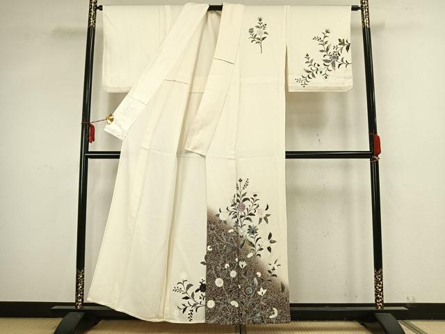平和屋着物▽訪問着　単衣　草花文　銀彩　正絹　逸品　AAAZ9312fy