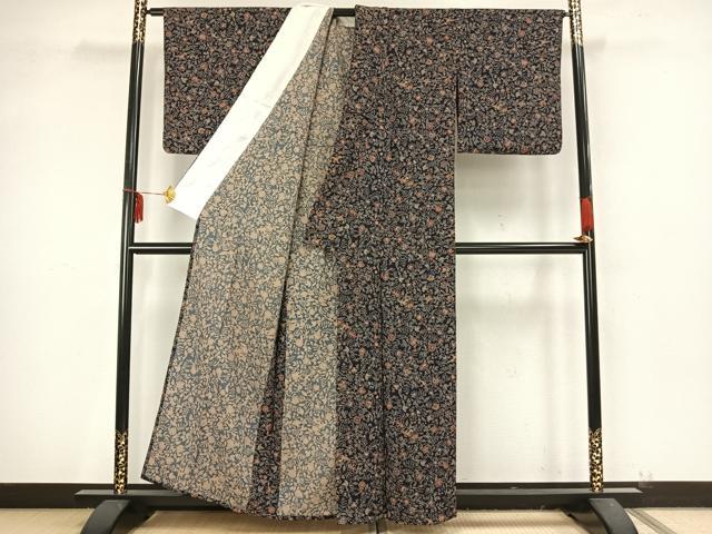 平和屋着物▽上質な小紋　単衣　草花文　正絹　逸品　AAAZ9315fy