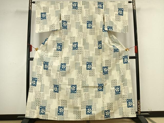 平和屋着物▽上質な紬 単衣 色紙草花文 正絹 逸品 AAAZ9316fy