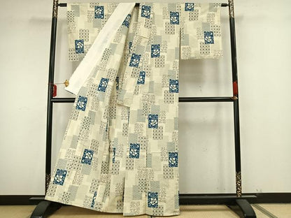 平和屋着物▽上質な紬 単衣 色紙草花文 正絹 逸品 AAAZ9316fy