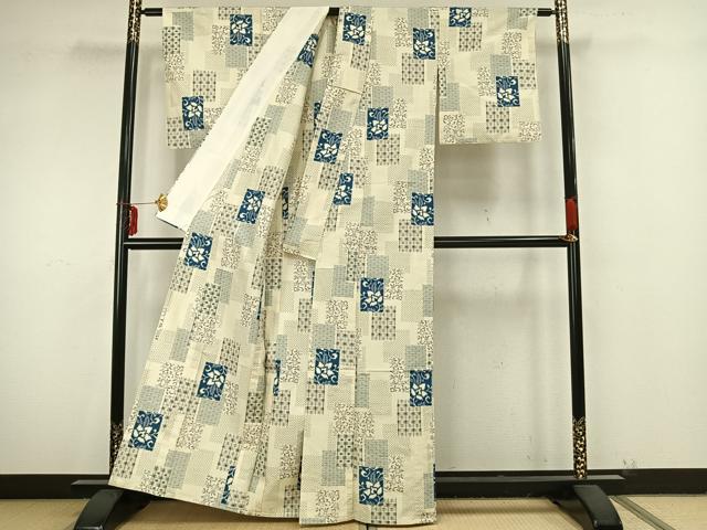平和屋着物▽上質な紬 単衣 色紙草花文 正絹 逸品 AAAZ9316fy