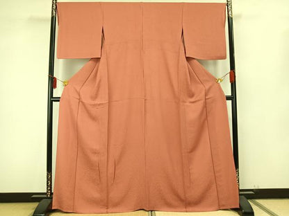 平和屋着物▽上質な色無地 単衣 草花地紋 珊瑚朱色 正絹 逸品 AAAZ9325fy