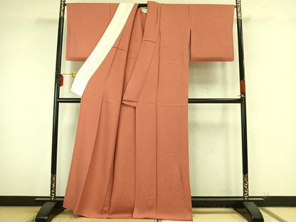 平和屋着物▽上質な色無地 単衣 草花地紋 珊瑚朱色 正絹 逸品 AAAZ9325fy