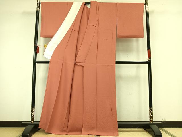 平和屋着物▽上質な色無地 単衣 草花地紋 珊瑚朱色 正絹 逸品 AAAZ9325fy