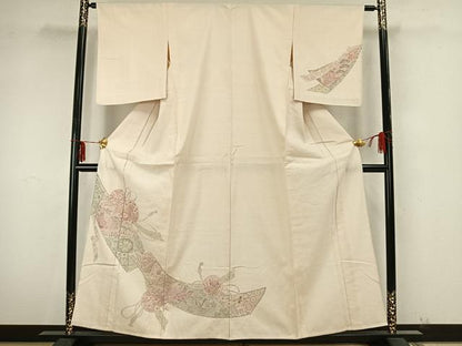 平和屋着物▽訪問着　単衣　中国三大刺繍　汕頭刺繍　スワトウ刺繍　紬地　鼓熨斗花鳥文　正絹　逸品　AAAZ9329fy