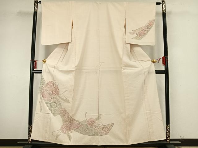 平和屋着物▽訪問着　単衣　中国三大刺繍　汕頭刺繍　スワトウ刺繍　紬地　鼓熨斗花鳥文　正絹　逸品　AAAZ9329fy