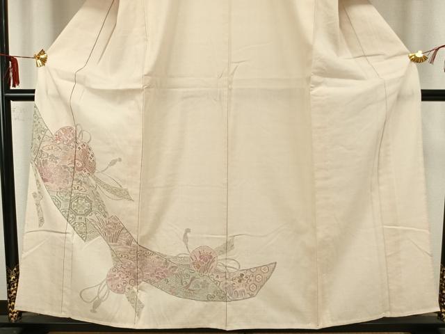 平和屋着物▽訪問着　単衣　中国三大刺繍　汕頭刺繍　スワトウ刺繍　紬地　鼓熨斗花鳥文　正絹　逸品　AAAZ9329fy