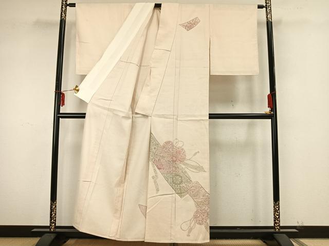 平和屋着物▽訪問着　単衣　中国三大刺繍　汕頭刺繍　スワトウ刺繍　紬地　鼓熨斗花鳥文　正絹　逸品　AAAZ9329fy