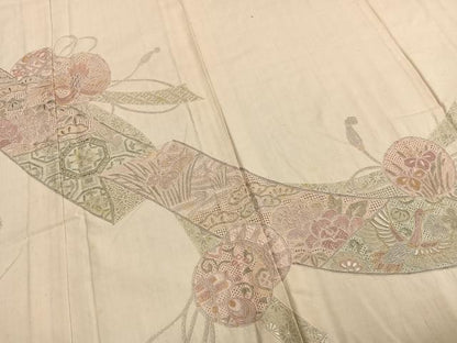 平和屋着物▽訪問着　単衣　中国三大刺繍　汕頭刺繍　スワトウ刺繍　紬地　鼓熨斗花鳥文　正絹　逸品　AAAZ9329fy