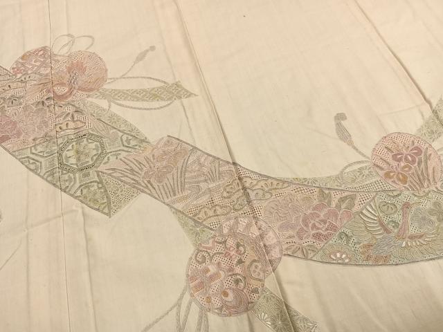 平和屋着物▽訪問着　単衣　中国三大刺繍　汕頭刺繍　スワトウ刺繍　紬地　鼓熨斗花鳥文　正絹　逸品　AAAZ9329fy
