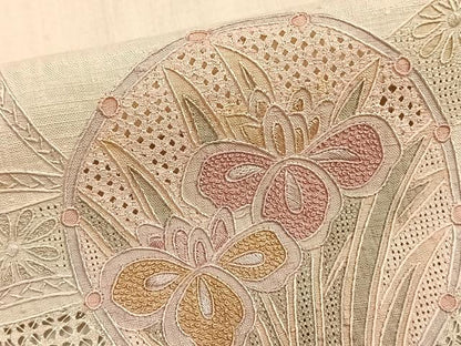平和屋着物▽訪問着　単衣　中国三大刺繍　汕頭刺繍　スワトウ刺繍　紬地　鼓熨斗花鳥文　正絹　逸品　AAAZ9329fy