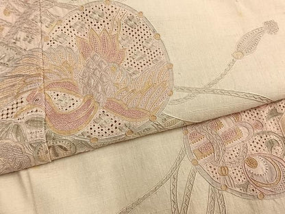 平和屋着物▽訪問着　単衣　中国三大刺繍　汕頭刺繍　スワトウ刺繍　紬地　鼓熨斗花鳥文　正絹　逸品　AAAZ9329fy