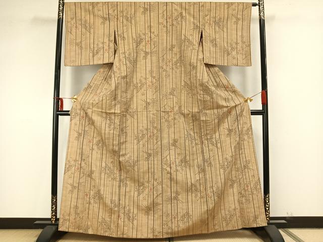 平和屋着物▽上質な紬 単衣 枝葉文 正絹 逸品 AAAZ9333fy