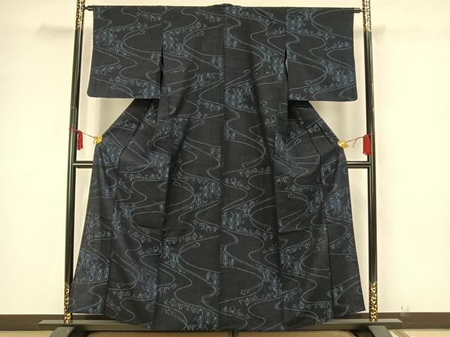 平和屋着物▽上質な紬 単衣 流水麻の葉文様 正絹 逸品 AAAZ9334fy