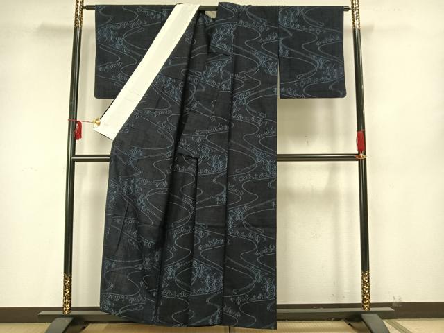 平和屋着物▽上質な紬 単衣 流水麻の葉文様 正絹 逸品 AAAZ9334fy