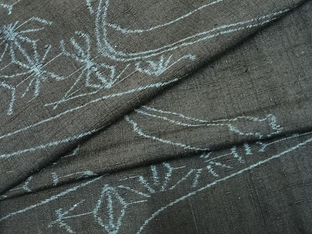 平和屋着物▽上質な紬 単衣 流水麻の葉文様 正絹 逸品 AAAZ9334fy