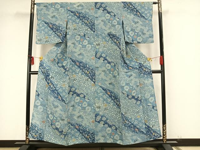 平和屋着物▽上質な小紋 単衣 藍 型染め 切嵌花文 正絹 逸品 AAAZ9336fy