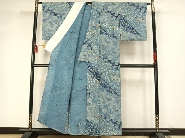 平和屋着物▽上質な小紋 単衣 藍 型染め 切嵌花文 正絹 逸品 AAAZ9336fy