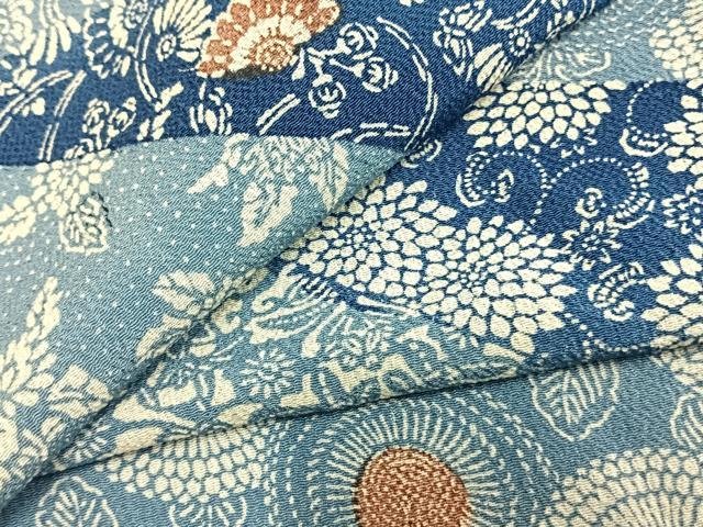 平和屋着物▽上質な小紋 単衣 藍 型染め 切嵌花文 正絹 逸品 AAAZ9336fy