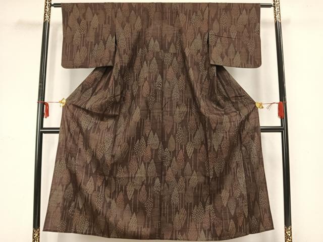 平和屋着物▽上質な紬　単衣　樹林文　正絹　逸品　AAAZ9338fy