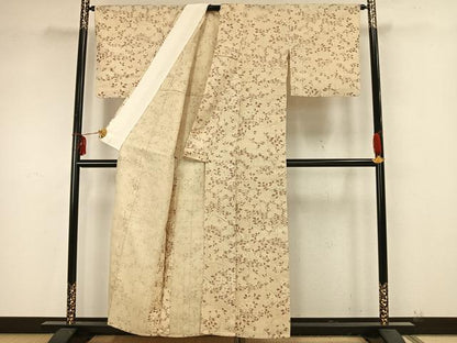 平和屋着物▽上質な紬　生紬　単衣　草花文　正絹　逸品　AAAZ9339fy