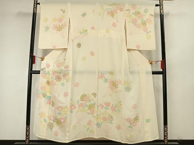 平和屋着物▽訪問着 単衣 扇面花文 金彩 鬼しぼ縮緬 正絹 逸品 AAAZ9341fy