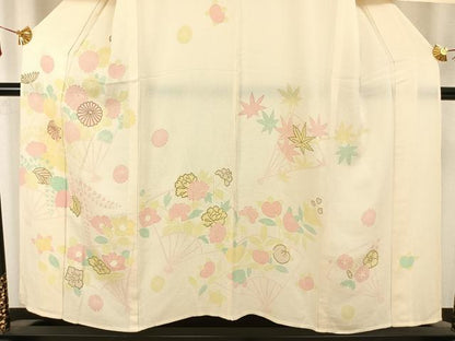 平和屋着物▽訪問着 単衣 扇面花文 金彩 鬼しぼ縮緬 正絹 逸品 AAAZ9341fy