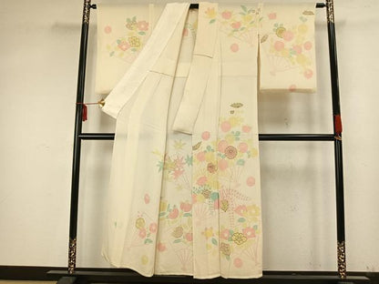 平和屋着物▽訪問着 単衣 扇面花文 金彩 鬼しぼ縮緬 正絹 逸品 AAAZ9341fy