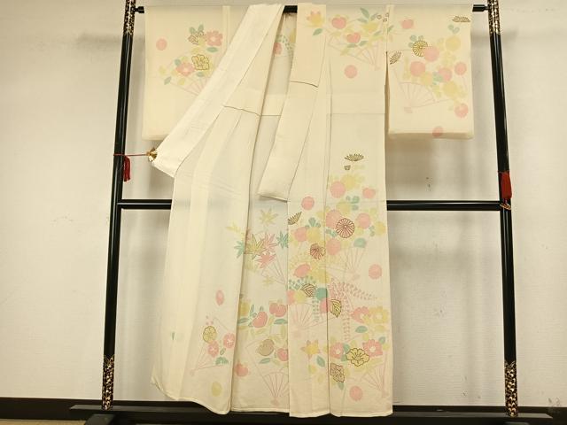 平和屋着物▽訪問着 単衣 扇面花文 金彩 鬼しぼ縮緬 正絹 逸品 AAAZ9341fy