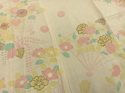 平和屋着物▽訪問着 単衣 扇面花文 金彩 鬼しぼ縮緬 正絹 逸品 AAAZ9341fy
