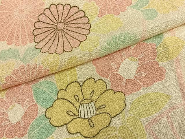 平和屋着物▽訪問着 単衣 扇面花文 金彩 鬼しぼ縮緬 正絹 逸品 AAAZ9341fy
