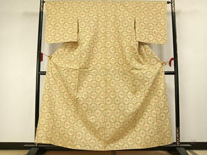 平和屋着物▽上質な紬 単衣 色紙飛鳥文 正絹 逸品 AAAZ9348fy