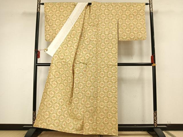 平和屋着物▽上質な紬 単衣 色紙飛鳥文 正絹 逸品 AAAZ9348fy